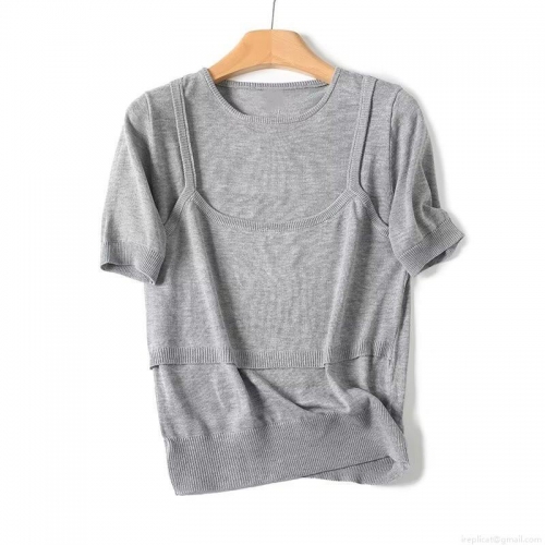 Women's Casual Short Sleeve Knit T-Shirt Loose Fake Two-Piece Layered Square Neck Viscose Nylon PBT Blend Grey Tee Solid Color Summer Autumn Top for Women