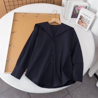 Women's Sailor Collar Long Sleeve Shirt Minimalist Curved Hem Polyester Spandex Blend Single Breasted Autumn Casual Office Blouse Top