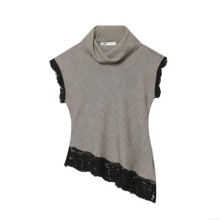 Women's Sleeveless Houndstooth T-Shirt Mock Neck Top With Black Lace Trim Asymmetrical Hem Polyester Blouse Casual Streetwear For Ladies
