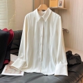 Elegant White Viscose Spandex Blouse Women Long Sleeve Shirt Commute Slim Fit Lapel Collar Single Breasted Office Work Wear Formal Plain Basic Top