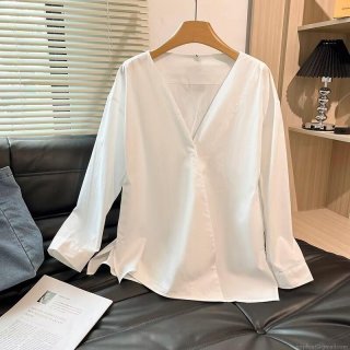 Women's Casual V-Neck Long Sleeve Shirt 95% Cotton 5% Spandex Loose Fit Minimalist Blouse For Daily Office Wear Soft Breathable White Top