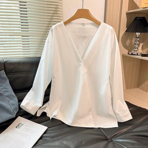 Women's Casual V-Neck Long Sleeve Shirt 95% Cotton 5% Spandex Loose Fit Minimalist Blouse For Daily Office Wear Soft Breathable White Top