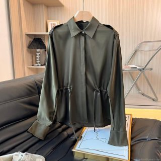 Women's Elegant Satin Long Sleeve Blouse Drawstring Waist Shirt With Epaulettes Solid Color Viscose Blend Office Commuter Top