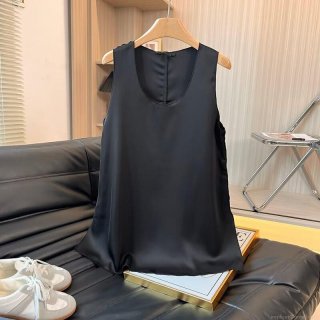 Women's Elegant Satin U-Neck Sleeveless Top Simple Solid Color Glossy Viscose Blouse For Casual Party Autumn Basic Tank Top