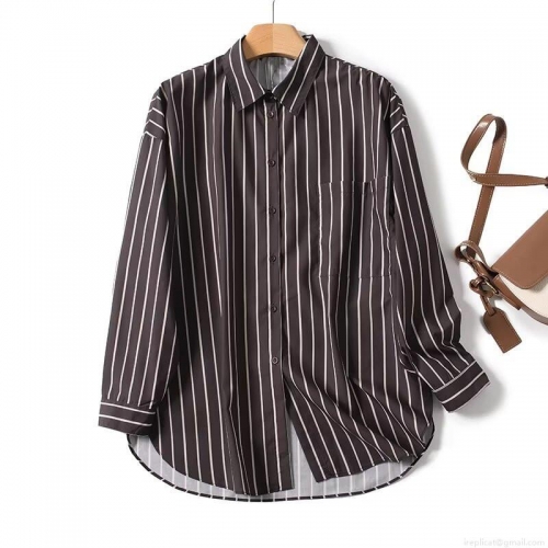 Women's Elegant Vertical Stripe Shirt 100% Polyester Long Sleeve Lapel Single Breasted Loose Casual Blouse For Office Daily Autumn New