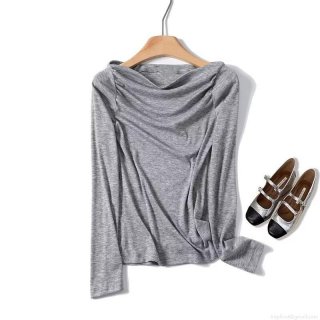 Women's Off-Shoulder Ruched Long Sleeve T-Shirt Slim Fit Polyester Blend Heather Grey Basic Casual Top For Autumn Daily Wear