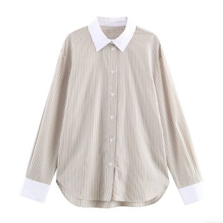 Women's Oversized Khaki Stripe Poplin Shirt Casual Contrast White Collar Long Sleeve Button Down Blouse Top For Office Daily