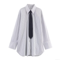 Women's Striped Poplin Shirt With Detachable Black Tie Long Sleeve Loose Casual Blouse Office Wear Preppy Style Tops For Women