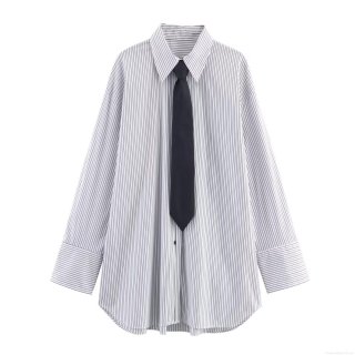 Women's Striped Poplin Shirt With Detachable Black Tie Long Sleeve Loose Casual Blouse Office Wear Preppy Style Tops For Women