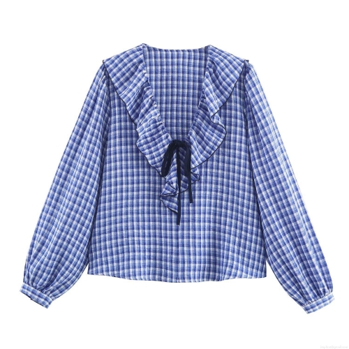 Women Blue And White Plaid Linen Shirt Ruffle V-Neck Contrast Bow Tie Sweet Long Sleeve Pullover Blouse For Daily Dating Casual Wear Autumn Fashion