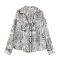 Women's Casual Long Sleeve Blouse Polyester Architectural Cityscape Print Lapel Collar Button Down Shirt With Contrast Piping Daily Tops for Women