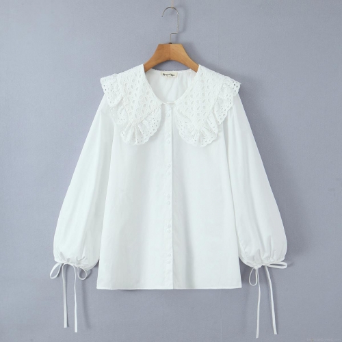 Women's Lace Peter Pan Collar Blouse Long Lantern Sleeve White Cotton Blend Shirt Casual Loose Elegant Top For Daily Dating Women