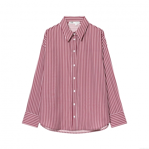 Women's Casual Red Stripe Long Sleeve Shirt 100% Cotton Button Down Blouse Top Regular Fit Daily Commute Apparel