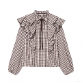 Women Retro Plaid Blouse Elegant Ruffle Collar Tie Neck Long Sleeve Top Sweet Gingham Shirt For Women Daily Party Dating Autumn Spring Casual Polyester Pullover