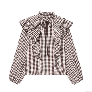 Women Retro Plaid Blouse Elegant Ruffle Collar Tie Neck Long Sleeve Top Sweet Gingham Shirt For Women Daily Party Dating Autumn Spring Casual Polyester Pullover