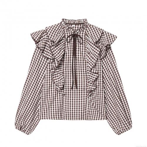Women Retro Plaid Blouse Elegant Ruffle Collar Tie Neck Long Sleeve Top Sweet Gingham Shirt For Women Daily Party Dating Autumn Spring Casual Polyester Pullover