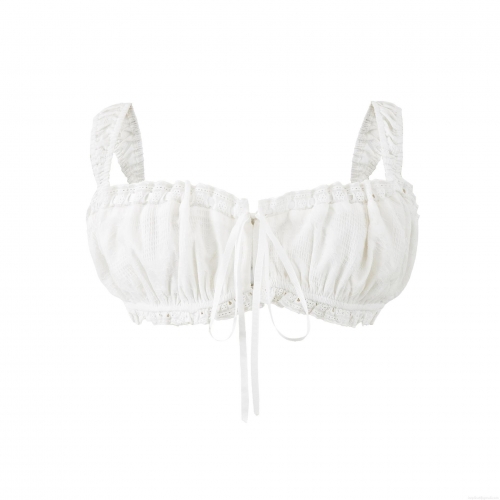 Women's Sexy White Crop Top Pleated Cotton Camisole With Lace Trim Drawstring Front Slim Fit Sleeveless Summer Tank Top For Vacation Party Casual Daily Wear