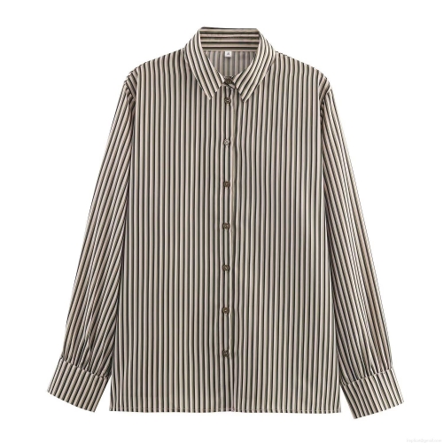 Women's Striped Long Sleeve Shirt Casual Loose Lapel Button Down Blouse Polyester Cotton Striped Top For Daily Office Work