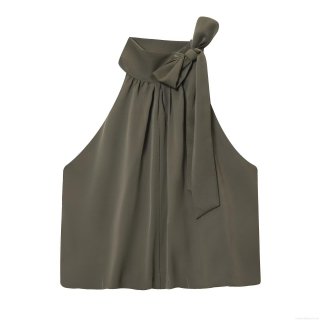 Women's Elegant Halter Neck Top With Large Bow Tie Sleeveless Satin Texture Solid Color Pleated Blouse For Party Daily Wear Autumn New Fashion
