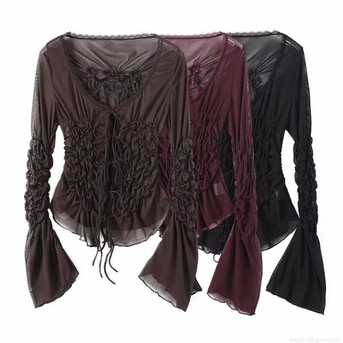 Women Sexy Sheer Mesh V Neck Top Ruched Drawstring Long Flare Sleeve T-Shirt Lace Trim Slim Fit Autumn Party Bodycon Clubwear Top