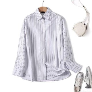 Women's Elegant 100% Cotton Vertical Striped Long Sleeve Shirt Minimalist Button Up Lapel Collar Blouse For Office Casual Commuting Breathable Top