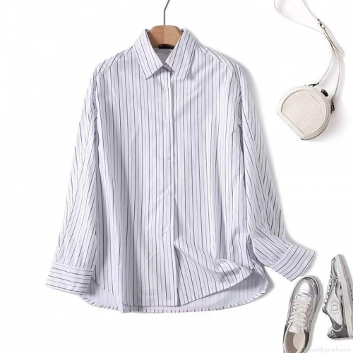 Women's Elegant 100% Cotton Vertical Striped Long Sleeve Shirt Minimalist Button Up Lapel Collar Blouse For Office Casual Commuting Breathable Top