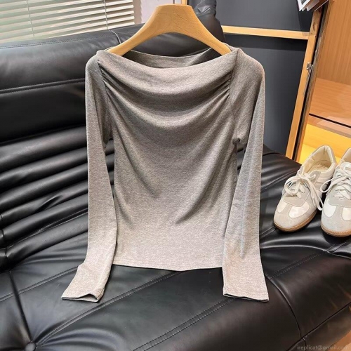Women's Long Sleeve Off-the-Shoulder Ruched Knitted T-Shirt Slim Fit Solid Color Polyester Spandex Casual Top for Autumn Winter
