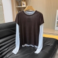 Women's Casual Faux-Two-Piece Long Sleeve T-Shirt 95% Cotton Spandex Patchwork Contrast Color Round Neck Top Slim Fit Autumn Casual Minimalist Tee For Women