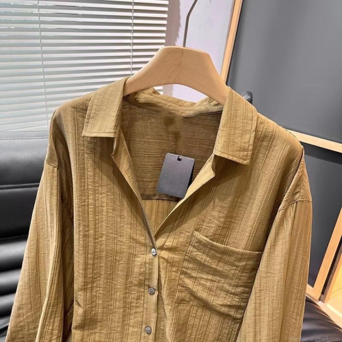 Women's Long Sleeve Crinkle Texture Shirt Blouse Casual Office Style Viscose Spandex Striped Pleated Button Down Top For Autumn