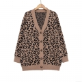 Women's Leopard Print Polyester Knitted Cardigan V-Neck Single-Breasted Loose Fit Long Sleeve Jacquard Sweater Casual Elegant Chic Outerwear