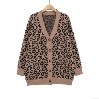 Women's Leopard Print Polyester Knitted Cardigan V-Neck Single-Breasted Loose Fit Long Sleeve Jacquard Sweater Casual Elegant Chic Outerwear