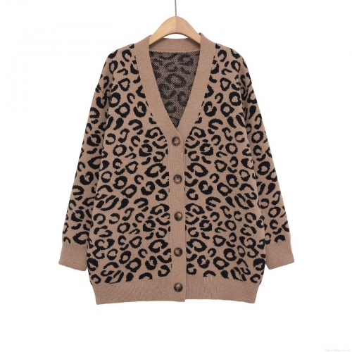 Women's Leopard Print Polyester Knitted Cardigan V-Neck Single-Breasted Loose Fit Long Sleeve Jacquard Sweater Casual Elegant Chic Outerwear