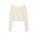 Women Sexy Hollow Out Knit Top Long Sleeve Round Neck Scalloped Edge Crochet Crop Top Bohemian Casual Pullover Sweater For Spring Fall Apricot
