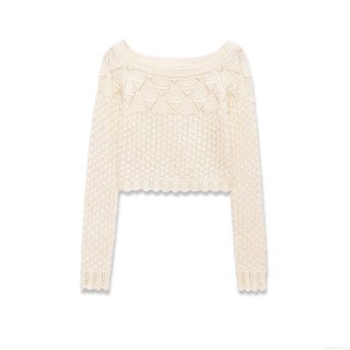 Women Sexy Hollow Out Knit Top Long Sleeve Round Neck Scalloped Edge Crochet Crop Top Bohemian Casual Pullover Sweater For Spring Fall Apricot