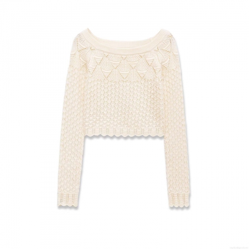 Women Sexy Hollow Out Knit Top Long Sleeve Round Neck Scalloped Edge Crochet Crop Top Bohemian Casual Pullover Sweater For Spring Fall Apricot