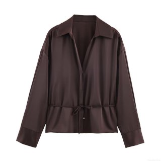 Elegant Satin Finish Polyester Long Sleeve Blouse For Women Solid Coffee Color V-Neck Shirt With Adjustable Waist Tie Belt Office Work Tops