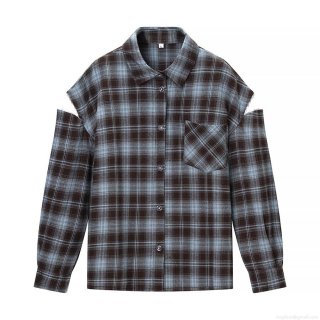 Women's Fashion Polyester Plaid Shirt Casual Cut-out Shoulder Frayed Edge Button Down Long Sleeve Blouse Top For Daily Wear
