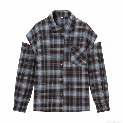 Women's Fashion Polyester Plaid Shirt Casual Cut-out Shoulder Frayed Edge Button Down Long Sleeve Blouse Top For Daily Wear