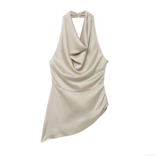 Elegant Satin Cowl Neck Halter Top For Women Sexy Asymmetric Hem Silk Like Sleeveless Backless Blouse For Party Evening Clubwear