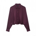 Women's Elegant Satin Button Down Shirt Long Sleeve Solid Color Glossy Blouse For Office Party Lady