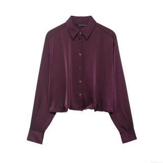 Women's Elegant Satin Button Down Shirt Long Sleeve Solid Color Glossy Blouse For Office Party Lady