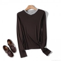 Women's Autumn Casual Long Sleeve T-Shirt Fake Two-Piece Round Neck Slim Fit Lyocell Cotton Blend Brown Top With Grey Collar Patchwork
