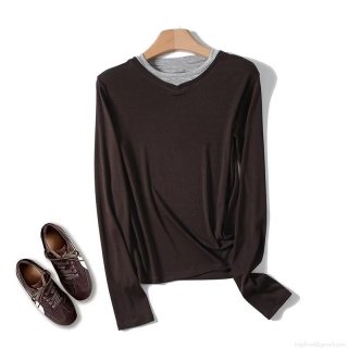 Women's Autumn Casual Long Sleeve T-Shirt Fake Two-Piece Round Neck Slim Fit Lyocell Cotton Blend Brown Top With Grey Collar Patchwork