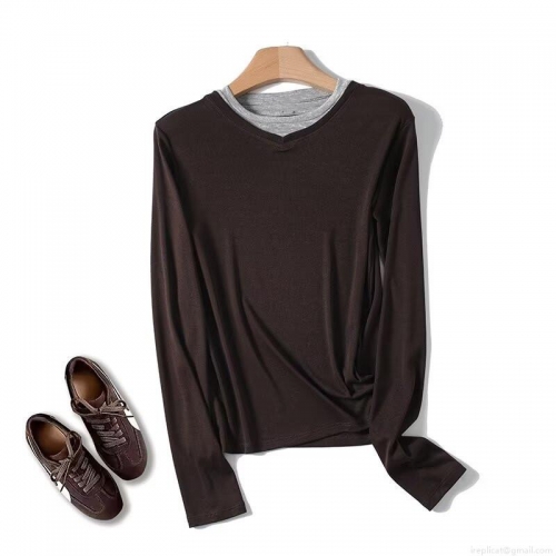 Women's Autumn Casual Long Sleeve T-Shirt Fake Two-Piece Round Neck Slim Fit Lyocell Cotton Blend Brown Top With Grey Collar Patchwork