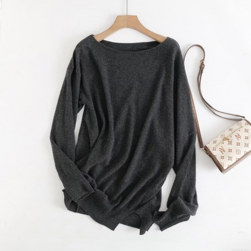 Women's Casual Knitted Long Sleeve Top 50 Percent Wool Blend Soft Solid Color Deep Grey Round Neck Pullover Sweater For Autumn Winter Daily Fashion
