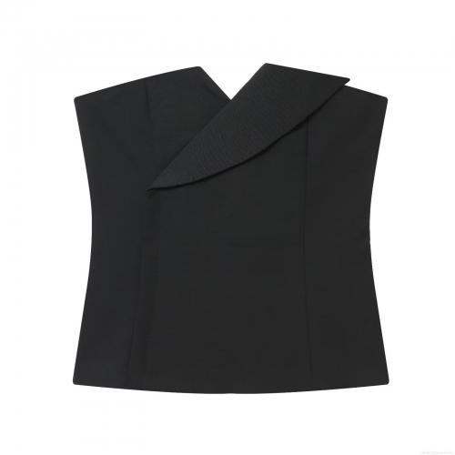 Sexy Backless Black Tube Top Asymmetric Lapel Slim Fit Polyester Spandex Crop Top For Women Party Clubwear Sleeveless Zipper Front Tank Top
