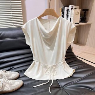 Elegant Women's Viscose Blouse Cowl Neck Cap Sleeve Top With Tie Waist Belt Solid Color Off-White Commute Shirt For Office Daily Wear