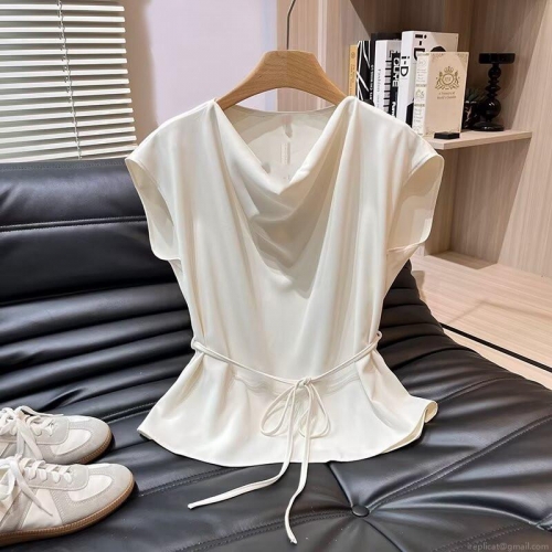 Elegant Women's Viscose Blouse Cowl Neck Cap Sleeve Top With Tie Waist Belt Solid Color Off-White Commute Shirt For Office Daily Wear
