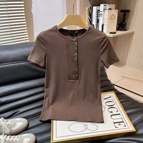 Women's Casual Ribbed Knit Cotton Blend Short Sleeve T-Shirt Button Up Half Placket Slim Fit Solid Color Round Neck Daily Top Coffee Brown