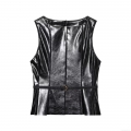 Women Fashion Faux Leather Sleeveless Top With Belt Chic Slim Fit Round Neck Vest Autumn Shiny PU Leather Waistcoat For Ladies